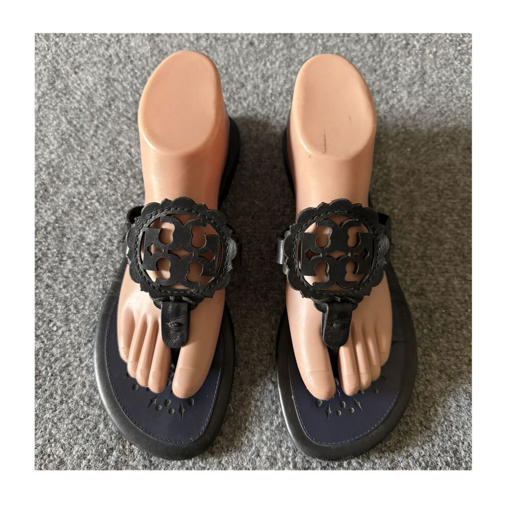 Tory Burch Miller Scalloped Blue Black Thong Sandals Slip-On Flat Cut-Out 10 M